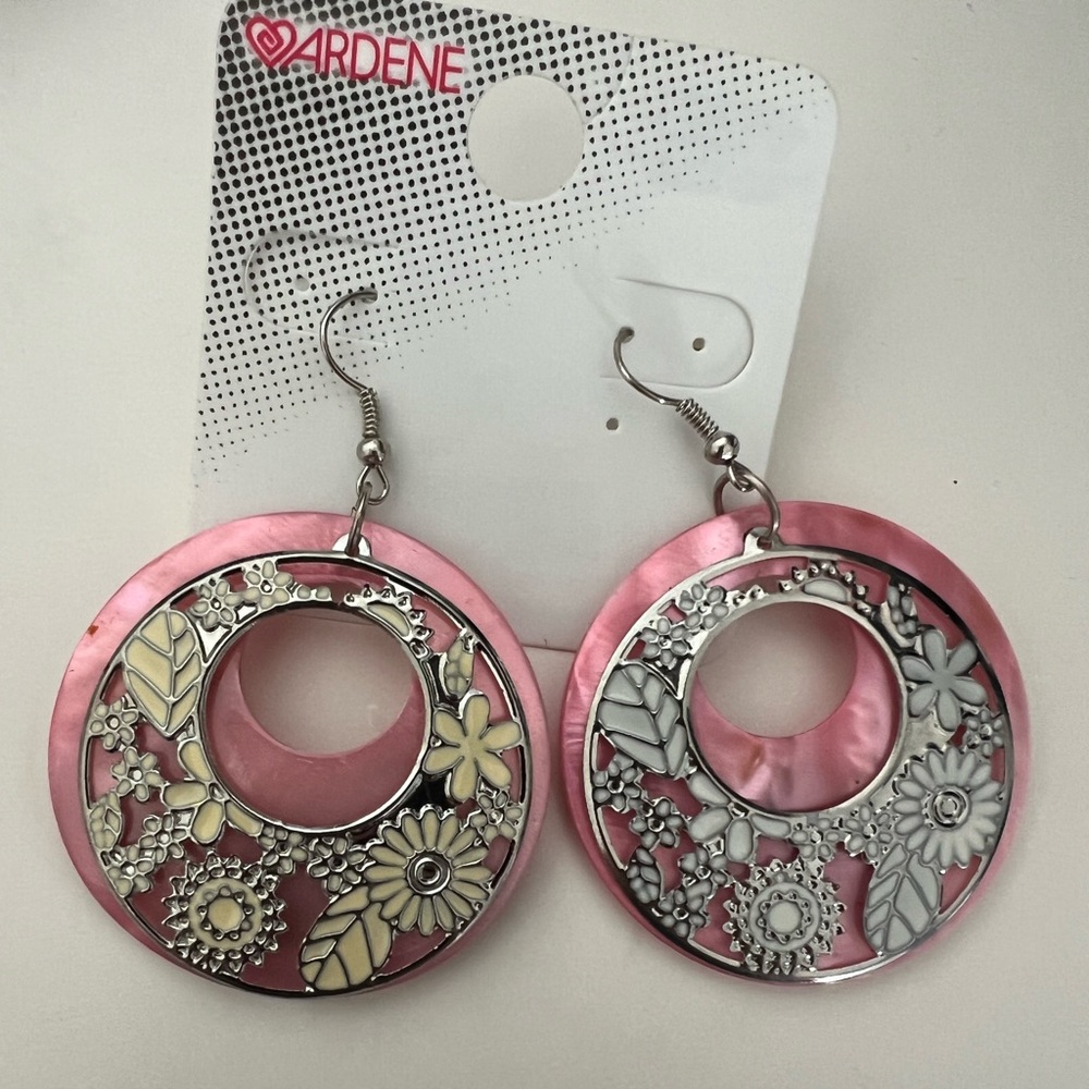 Ardene Pink Floral Cutout Dangle Earrings with Silver Accents